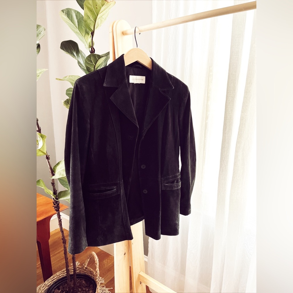 Liz Claiborne Black Suede Blazer Jacket Over Coat Collared Quiet Luxury Western